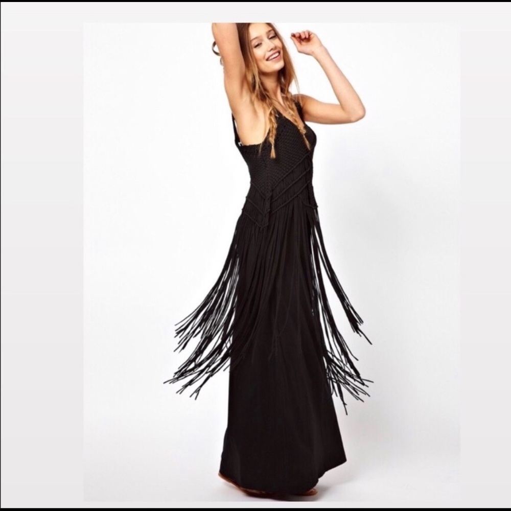 Denim & Supply Black Macrame Fringe Maxi Dress🤩